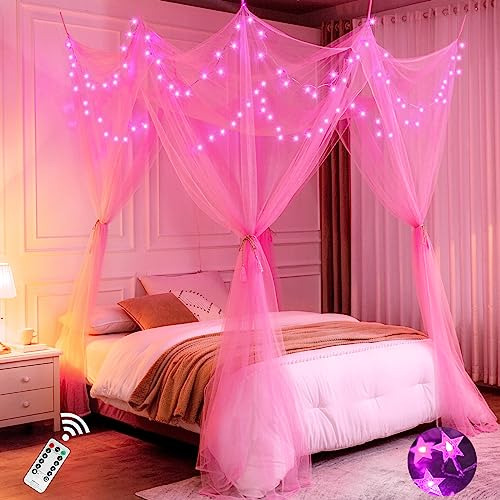 Pink Bed Canopy With Lights For Girls, 8 Corners Post C...