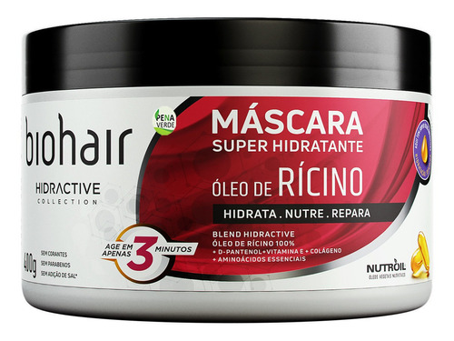 Máscara Super Hidratante 400g Biohair Óleo De Rícino 100