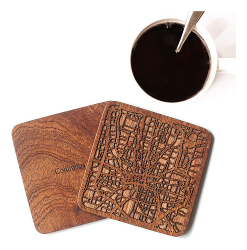Columbus, Oh Map Coaster, Set Of 4, Sapele Wooden Coaster Co