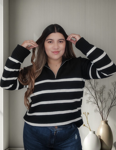 Sweater Hilo Bremer Oversize Con Cierre Negro Rayas Blancas