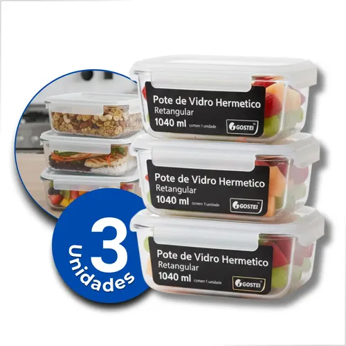 Kit 3 Potes De Vidro Hermetíco 1040ml Marmita Forno Refratário Go...