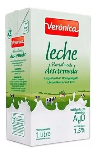 Leche Verónica Descremada Larga Vida Sin Tacc 1 Litro X 12u