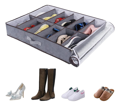 Organizador De Zapatos Calzado Bajo Cama 12 Divisiones Color Gris