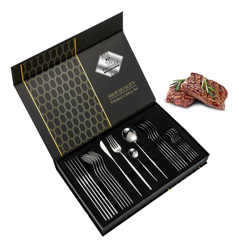 24 Set Tenedor Cuchillo Cuchara Acero Inoxidable Caja Regalo