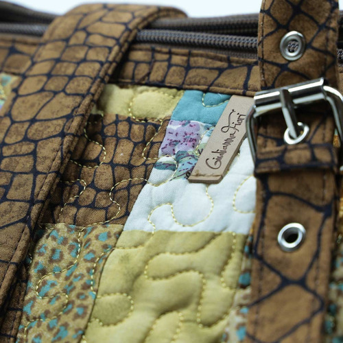 Bolsa Feminina Ombro Nuanda Patchwork Giulianna Fiori Cor Marrom claro-Azul Desenho do tecido Costura