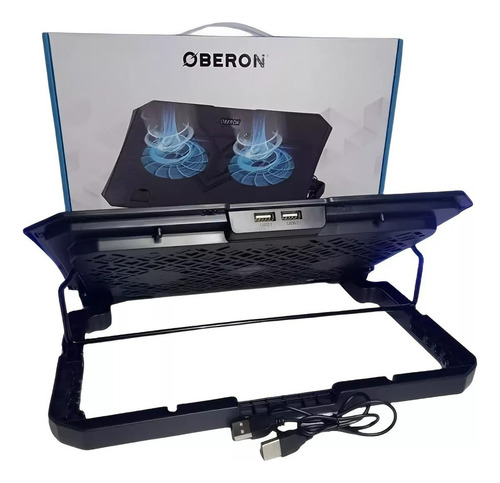Base Refrigerada P/ Notebook Com 2 Coolers Externos Led Azul Cor Preto