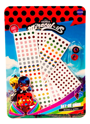 Set De Uñas Y Anillos Con Stickers Miraculous Ladybug 