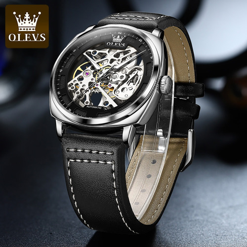 Olevs Leather Hollow Out Reloj Mecánico Para Hombre Color Del Bisel Silver Black