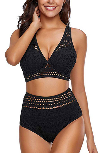 Conjunto De Bikini Con Cuello En V Y Cintura Alta Con Encaje
