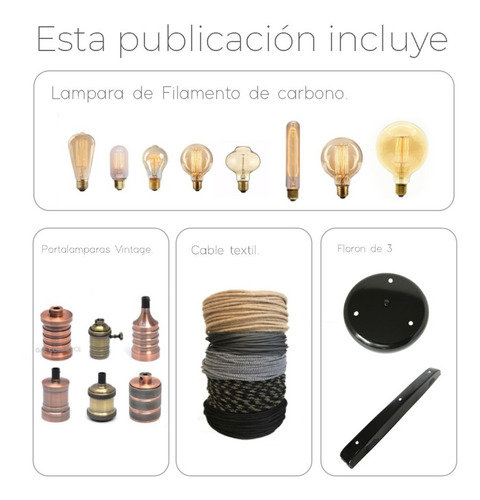 Imagen 2 de 6 de 3 Portalamparas + Lamparas Filamento + Cable + Floron 3 Lamp