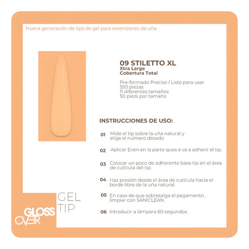 Tips Gel Suave Uñas Postizas Caja 550pzs Stiletto Gloss Over Medida Xtra Large