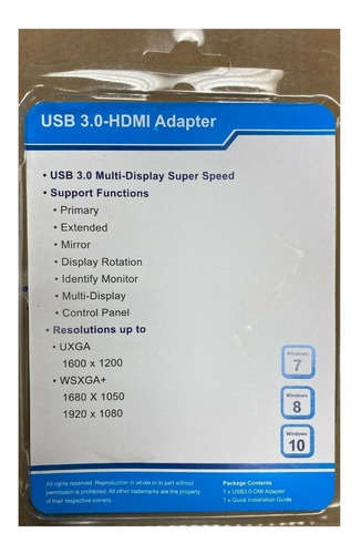 Imagen 2 de 3 de Adaptador De Video Usb 3.0 A Hdmi 1080p Cable