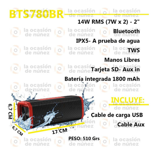 Imagen 2 de 6 de Parlante Smartlife Portatil Bluetooth 14w Bts780b Resis Agua