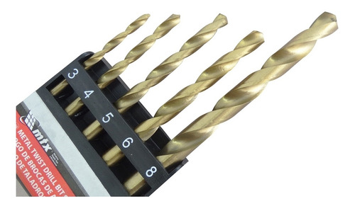 Imagem 2 de 3 de Kit Jogo 5 Brocas Aco Rapido Ar Metal 3 A 8 Mm Titanio Mtx