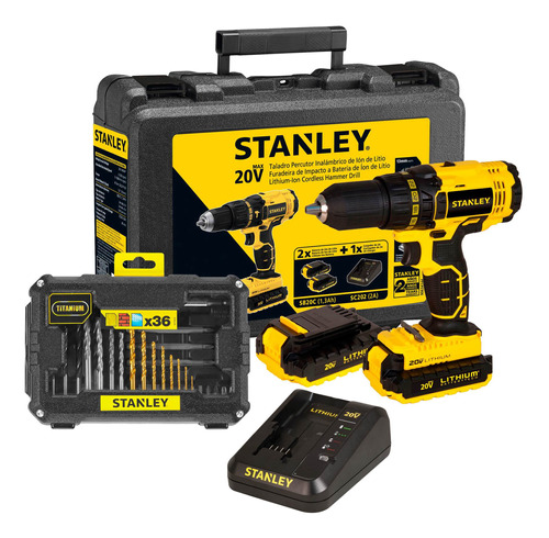 Taladro Rotación 20v + Set 36 Acc. Stanley Scd201c2k-sta7222