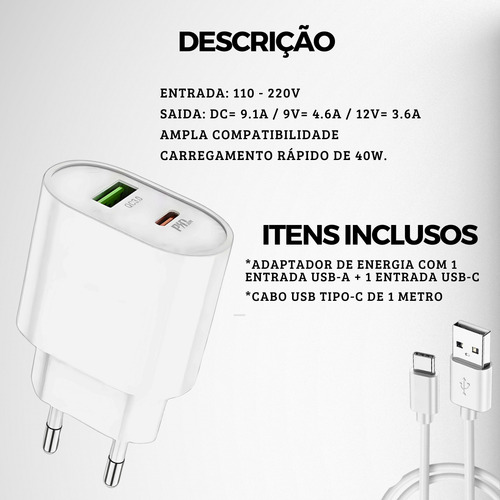 Kit Fonte Carregador Turbo 40w E Cabo Usb Tipo C Para iPhone