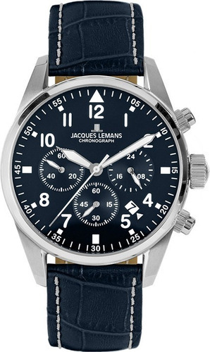 Reloj Jacques Lemans 42-2b Color De La Correa Azul Con Pespunte Blanco Color Del Bisel Plateado Color Del Fondo Azul Oscuro