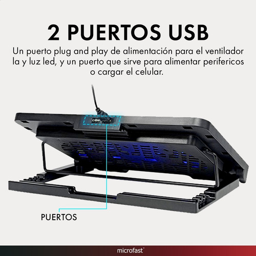 Imagen 3 de 8 de Soporte Base Notebook Luz Led 2 Cooler Potente Ajustable Usb