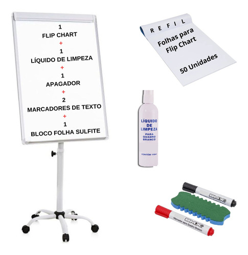 Kit Flip Chart Bloco Sulfite Liquido Limpeza Apagador Caneta