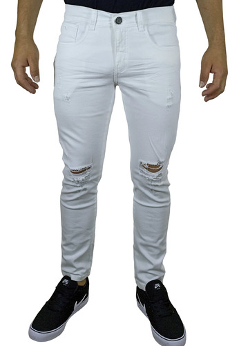 Pantalón Jean Moda Rasgado Para Hombre - Blanco