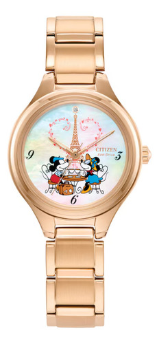 Citizen Mickey & Minnie Take Paris Fe2103-52d Correa Oro Bisel Oro Fondo Blanco azulado