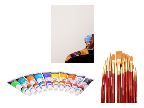 Set Pintura Acrílica X10 + Juego De Pinceles X12 + Lienzo X2