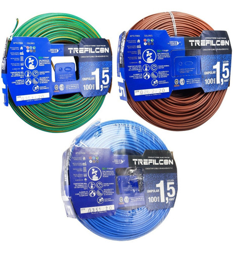 Cable 1,5mm Trefilcon Norma Iram 100mts 100% Cobre Combo X3 Color de la cubierta Verde/Amarillo + Marron + Celeste