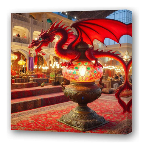Cuadro 30x30cm Dragon Rojo En Templo Arabe Nocturno