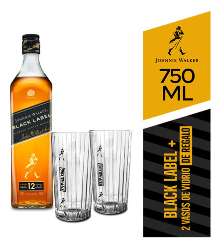 Whisky Johnnie Walker Black Label 12 Años 750ml + 2 Vasos