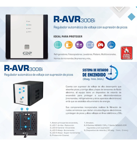 Estabilizador Refrigerador 9tomas Cdp R-avr3008i 3000va 2400