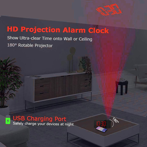 Reloj Despertador Proyector 180° Fm Radio Usb Carga