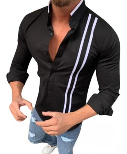 Moda Elegante Negro Blanco Rayas Polera Hombre Botón