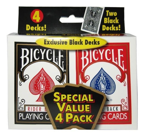 Pack 4 Barajas Cartas 2 Rojas - 2 Negro Bicycle Standard