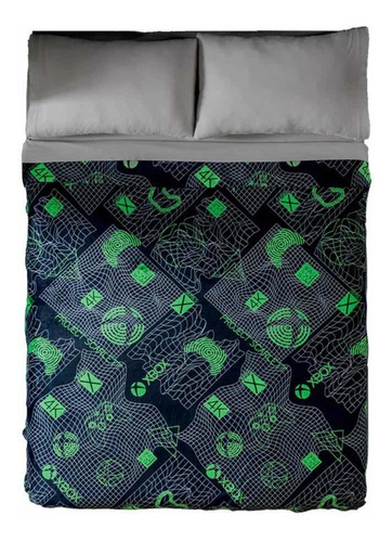 Cobertor Ligero Xbox Matrimonial Gamer / Negro-verde Vianney