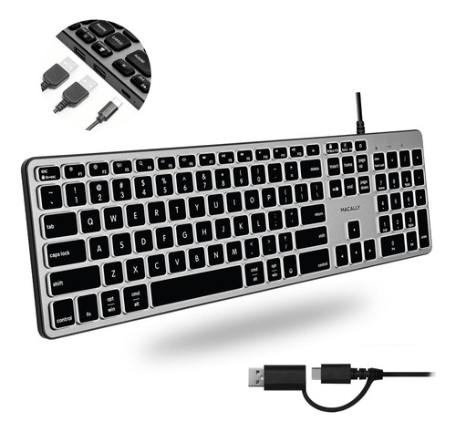 Teclado Macally Con Cable Y Concentrador Usb Para Mac