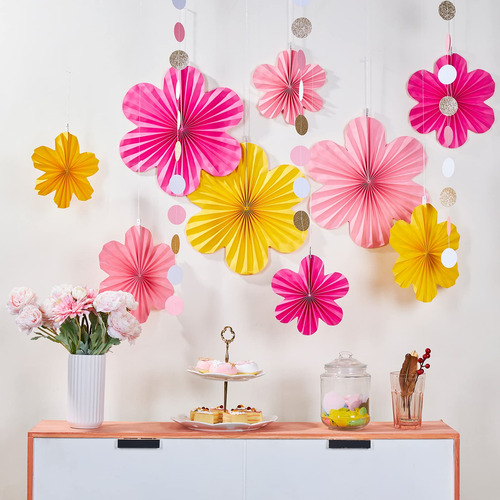 Kit Decoracion Flores De Papel Amarillo Rosa Y Fucsia 9pz