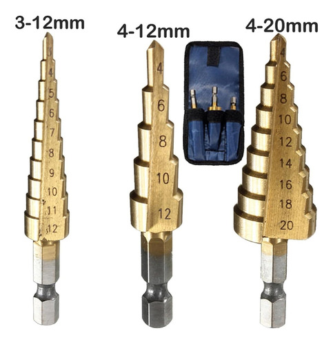 Conjunto De 3 Brocas Cônicas De Titânio Hss 3-12 4-12 -20mm