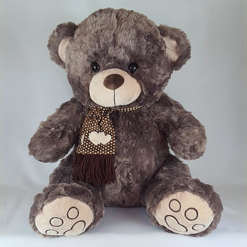 Imagem 1 de 3 de Urso De Pelúcia 60cm Marrom Acinzentado Cachecol Coração
