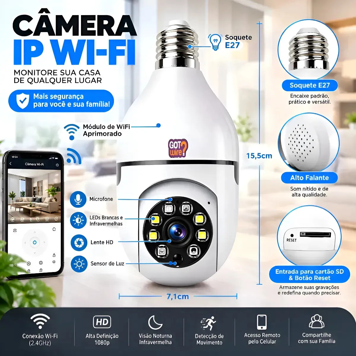 Câmera Lâmpada de Segurança Wifi 360º Infravermelho GotWire IP44 Full Hd 1080p Interna Externa Com Sensor de Movimento Inteligente