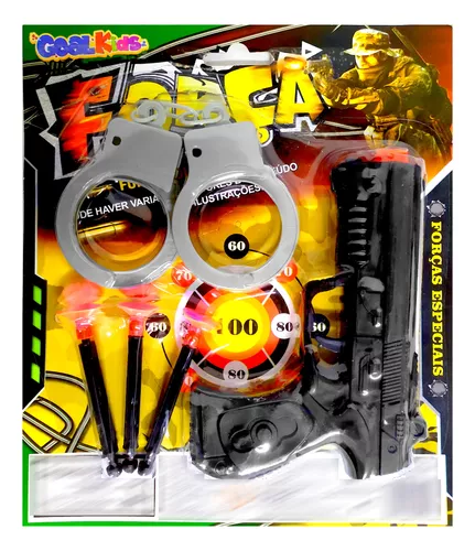 Kit Lança Dardos 3 Arminhas Brinquedo + Algemas + Alvos Lançador  Metralhadora Infantil Pistola Divertido Nerf