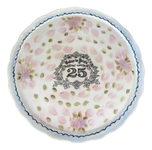 Prato Para Bolo Porcelana Bodas De Prata 25 Anos - 32cm