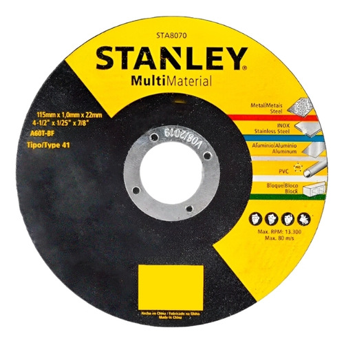 Disco De Corte Multimaterial 4 1/2 X 1,0mm X 7/8 - Stanley Cor Preto