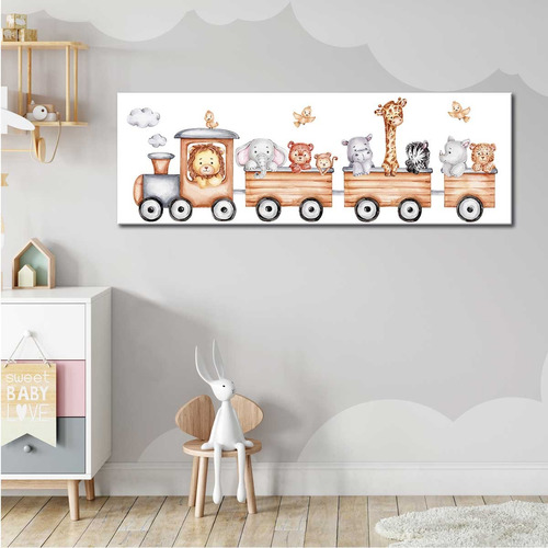 Cuadro Animalitos En Tren Tiernos Bebe Elegante Canvas120x50