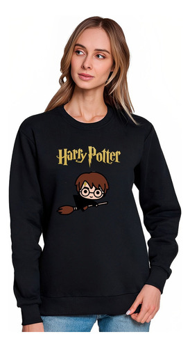 Poleron Cuello Redondo Harry Potter Escoba Magica Estampado  Unisex