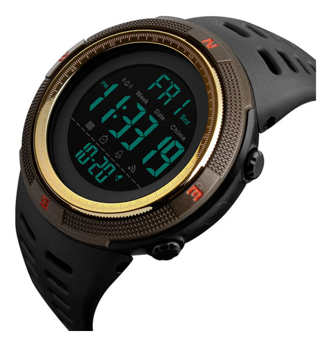 Relógio Digital Funcional Fitness Unisex Esportivo Skmei Correia Preto Bisel Dourado Fundo Preto