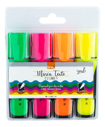 Marca-texto Fluorescente Traço Duplo - Kit 4 Unidades Brw