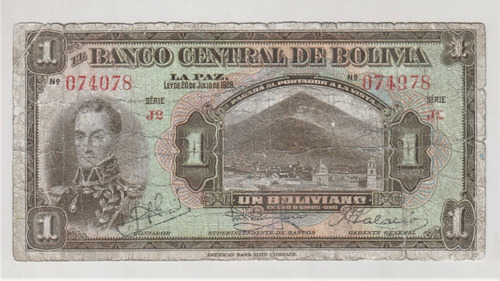 Billete Bolivia 1 Boliviano 1928 Granier Querejazu Palacios