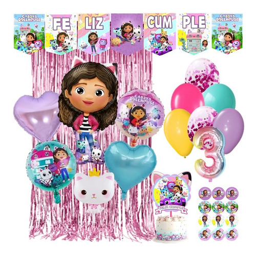 Pack Globos Gabby Y La Casa De Muñecas Banderín Cortina 