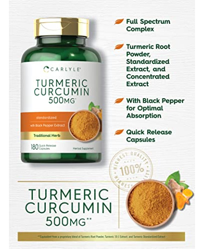 Suplemento Carlyle Curmeric Curcumin 500mg 180 Cápsulas