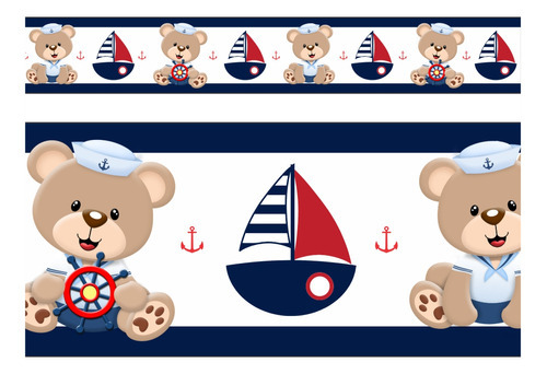 Faixa Decorativa Infantil Bebê Adesivo Urso Marinheiro Cor Azul